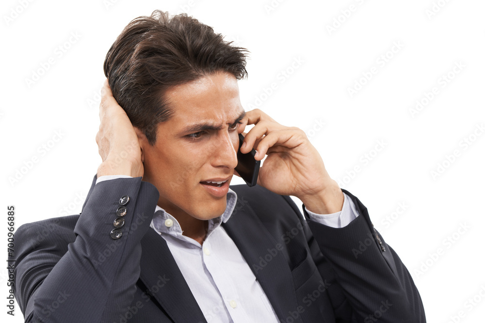 Business man, confused or mistake with phone call, deal negotiation fail and networking on white background. Connection, worried professional and scratch head for crisis and communication in studio Business man, confused or mistake with phone call, deal negotiation fail and networking on white background. Connection, worried professional and scratch head for crisis and communication in studio