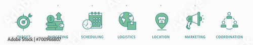 Event management banner web icon vector illustration concept with icon of target, budgeting, scheduling, logistics, location, marketing, and coordination