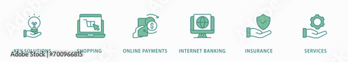 Financial service banner web icon vector illustration concept with icon of key solutions, shopping, online payments, internet banking, insurance and services