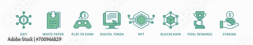 Gamefi banner web icon vector illustration concept with icon of defi, white paper, play to earn, digital token, nft, blockchain, pool rewards and staking