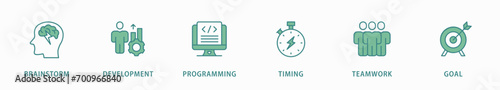 Hackathon banner web icon vector illustration concept for design sprint-like social coding event with icon of brainstorm, development, programming, timing, speed, teamwork, and goal