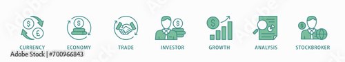 Forex banner web icon vector illustration concept with icon of currency, economy, trade, investor, growth, analysis and stockbroker