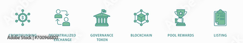 Ido banner web icon vector illustration concept of initial dex offering with icon of crowdfunding, decentralized exchange, governance token, blockchain, smart contract and listing
