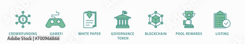 IGO banner web icon vector illustration concept of initial game offering with icon of crowdfunding, gamefi, white paper, governance token, blockchain, pool rewards and listing
