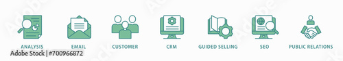 Inbound marketing banner web icon vector illustration concept with icon of analysis, email, customer, crm, guided selling, seo and public relations