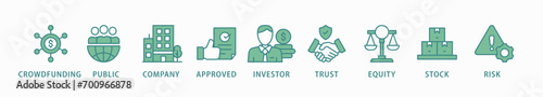 Ipo banner web icon vector illustration concept of initial public offering with icon of crowdfunding, public company, approved, investor, trust, equity, stock and risk