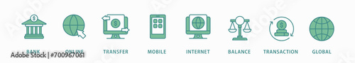 Online banking banner web icon vector illustration concept with icon of account, online payment, transfer funds, mobile banking, internet banking, balance check, transaction report, global transfer