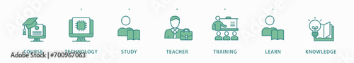 Online education banner web icon vector illustration concept with icon of course, technology, study, teacher, training, learn and knowledge