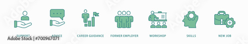 Outplacement banner web icon vector illustration concept with icon of support, advice, career guidance, former employer, workshop, skills, new job, training, and presentation