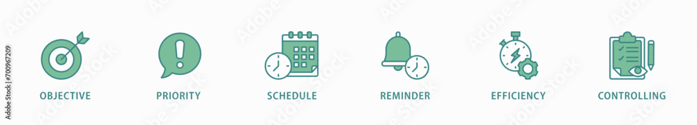 Time management banner web icon vector illustration concept with icon of objective, priority, schedule, reminder, efficiency, alerts, and controlling Time management banner web icon vector illustration concept with icon of objective, priority, schedule, reminder, efficiency, alerts, and controlling