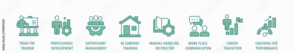 Training and development banner web icon vector illustration concept with icon of trainer, professional development, supervisory, trainee, instructor, coaching, career transition, and communication Training and development banner web icon vector illustration concept with icon of trainer, professional development, supervisory, trainee, instructor, coaching, career transition, and communication