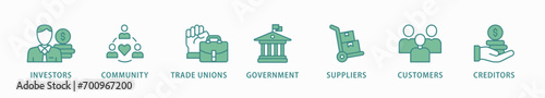 Stakeholder relationship banner web icon vector illustration concept for stakeholder, investor, government, and creditors with icon of community, trade unions, suppliers, and customers