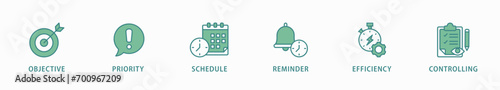 Time management banner web icon vector illustration concept with icon of objective, priority, schedule, reminder, efficiency, alerts, and controlling