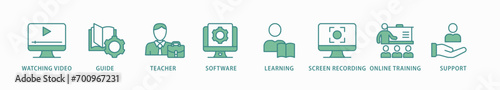 Video tutorial banner web icon vector illustration concept with icon of watching video, guide, teacher, software, learning, screen  recording, online training, support