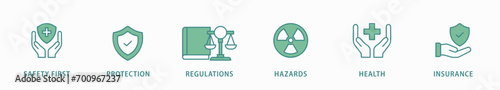 Work safety banner web icon vector illustration concept  occupational safety and health at work with safety first, protection, regulations, hazards, health, and insurance icon