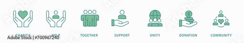 Volunteering banner web icon vector illustration concept for volunteer aid assistant with icon of charity, help, together, support, unity, donation, and community