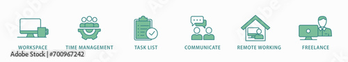 Work from home banner web icon vector illustration concept of wfh with icon of workspace, time management, task list, communicate, remote working and freelance