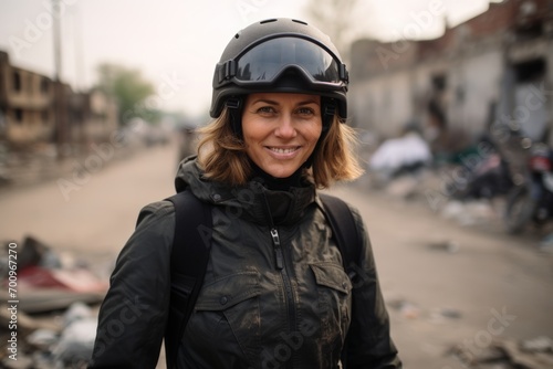 Portrait of a woman biker with helmet in the city.
