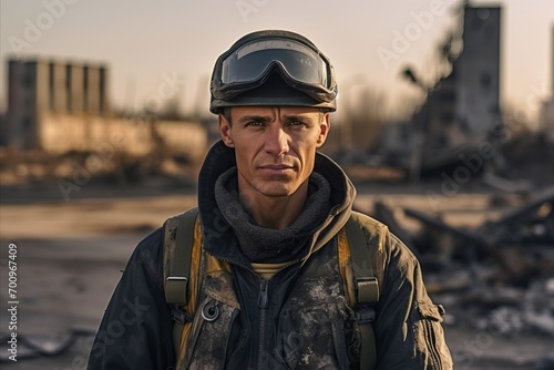 Portrait of a man in a military uniform on the background of a destroyed building © Nerea