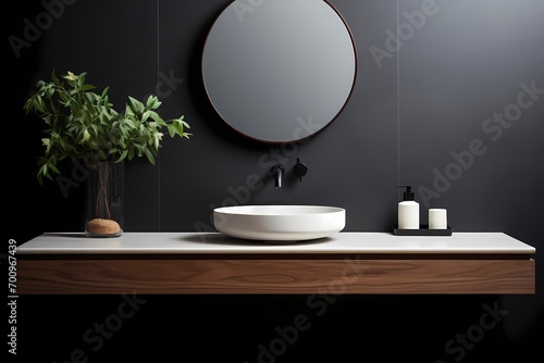 A modern classic minimalist washroom featuring a floating vanity  a round mirror  and a sleek faucet  creating a harmonious and visually pleasing space.
