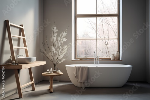 A modern classic minimalist washroom with a freestanding sink  a minimalist towel rack  and a large window  allowing natural light to fill the space.