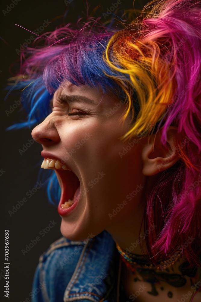A woman with vibrant, colorful hair is captured in a moment of intense emotion as she screams. This image can be used to portray strong emotions, stress, frustration, or empowerment