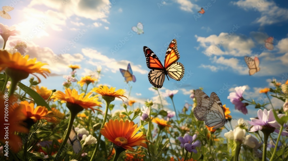 The first butterflies fluttering over a clearing with spring flowers. - obrazy, fototapety, plakaty 