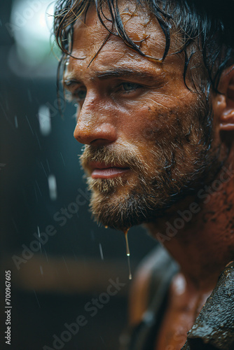 Raindrop Radiance: Wet Portrait of Young, Attractive, Muscular Man © artefacti