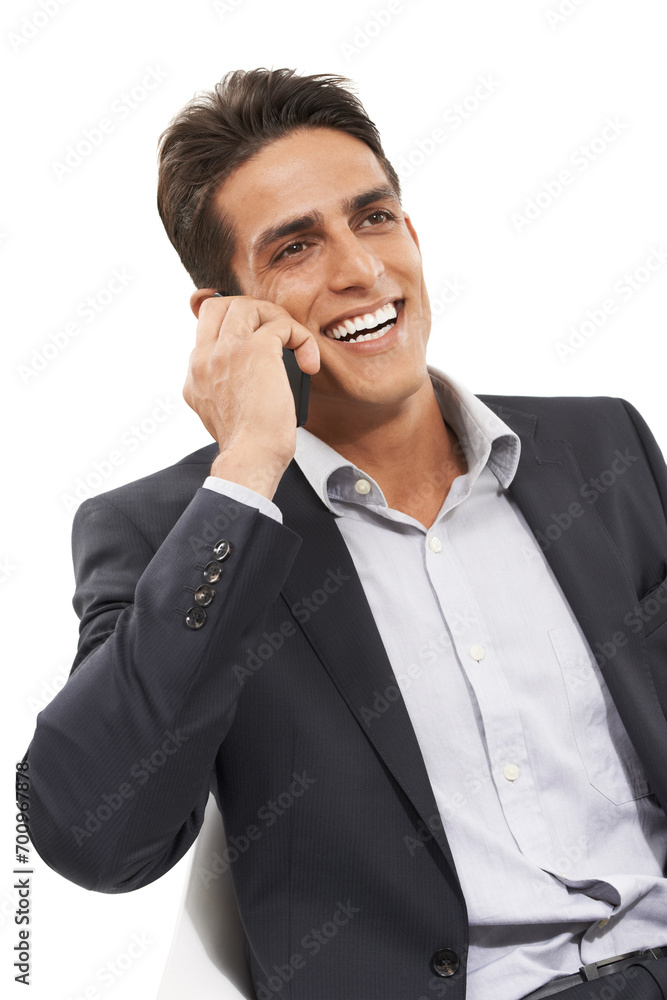 Business man, phone call and communication, networking and connectivity with smile on white background. Corporate contact, chat or talk for deal negotiation, happy professional in studio for advice