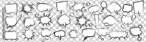 30 retro sketch speech bubble icon set. Cartoon pop art bubbles with black shadow lines. Vector design.