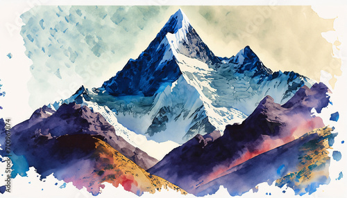 Big mountain ridge covered with snow. Watercolor hand drawn illustration in blue and grey colors realistic cartoon style. Concept of tourism, climbing, alpinism, camping, skiing, natural landscape