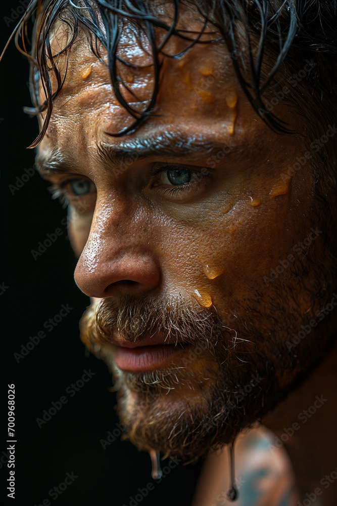 Sweat & Strength: Portrait of Young, Attractive, Muscular Man Exuding Energy Sweat & Strength: Portrait of Young, Attractive, Muscular Man Exuding Energy