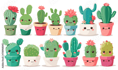 Set of cactus. Many vector of a cute kawaii cactus. Beautiful Plants