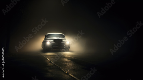 The light of a car headlights breaking through the fog