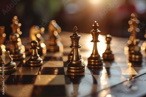 A detailed close-up view of a chess board filled with multiple chess pieces. This image can be used to depict strategic thinking, competition, or the game of chess itself