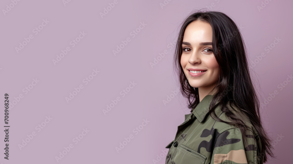 Brunette woman in Paramilitary Forces uniform isolated on pastel background Brunette woman in Paramilitary Forces uniform isolated on pastel background