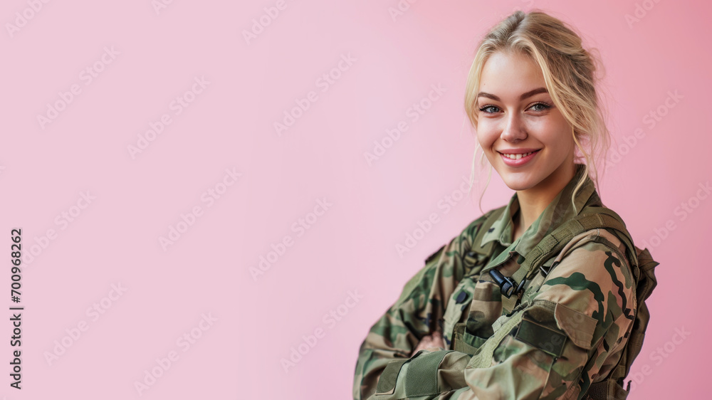 Blonde woman in Paramilitary Forces uniform isolated on pastel background Blonde woman in Paramilitary Forces uniform isolated on pastel background