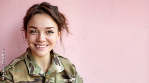 Brunette woman in Paramilitary Forces uniform isolated on pastel background