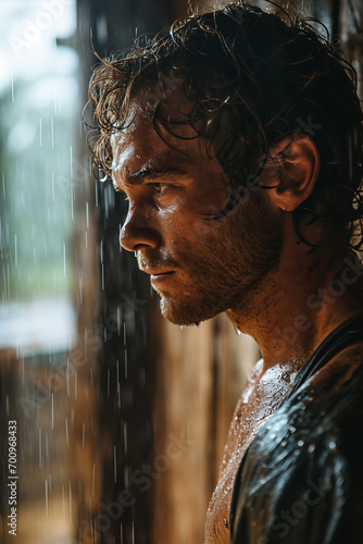 Raindrop Radiance: Wet Portrait of Young, Attractive, Muscular Man