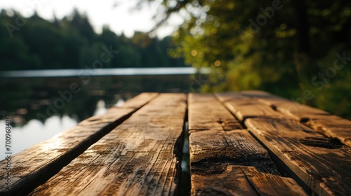 A detailed view of a wooden dock located near a serene body of water. Perfect for illustrating a peaceful waterfront setting.