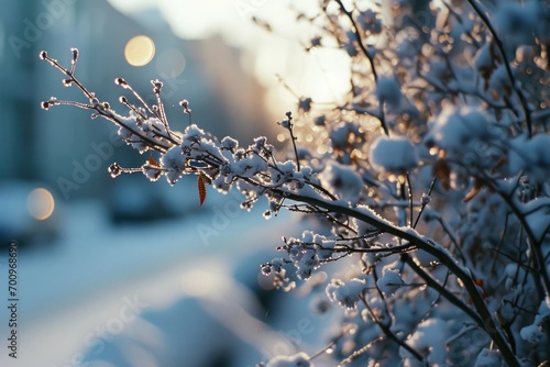 A close up of a plant with snow on it. Perfect for winter-themed designs and nature illustrations