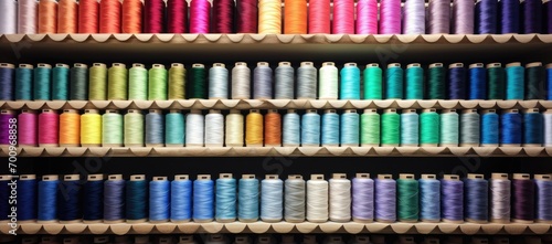 An array of stitching thread reels in diverse colors, offering sewing threads in a variety of hues.