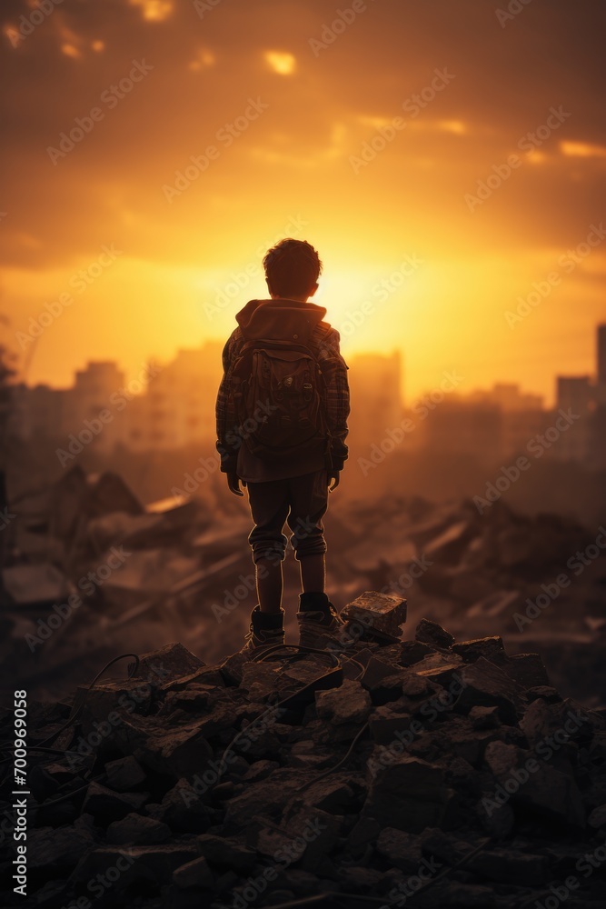 freedom concept silhouette with a boy with his arms in the landscape of a ruined city at war

