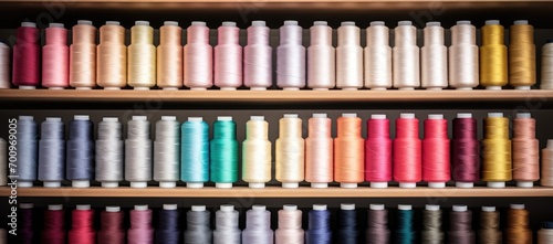 An array of stitching thread reels in diverse colors, offering sewing threads in a variety of hues.