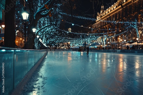 A person gracefully glides across an ice rink under the night sky. This image can be used to depict the joy of winter activities or the beauty of nighttime recreation