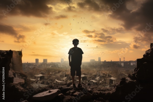 freedom concept silhouette with a boy with his arms in the landscape of a ruined city at war 