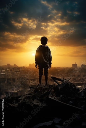 freedom concept silhouette with a boy with his arms in the landscape of a ruined city at war 