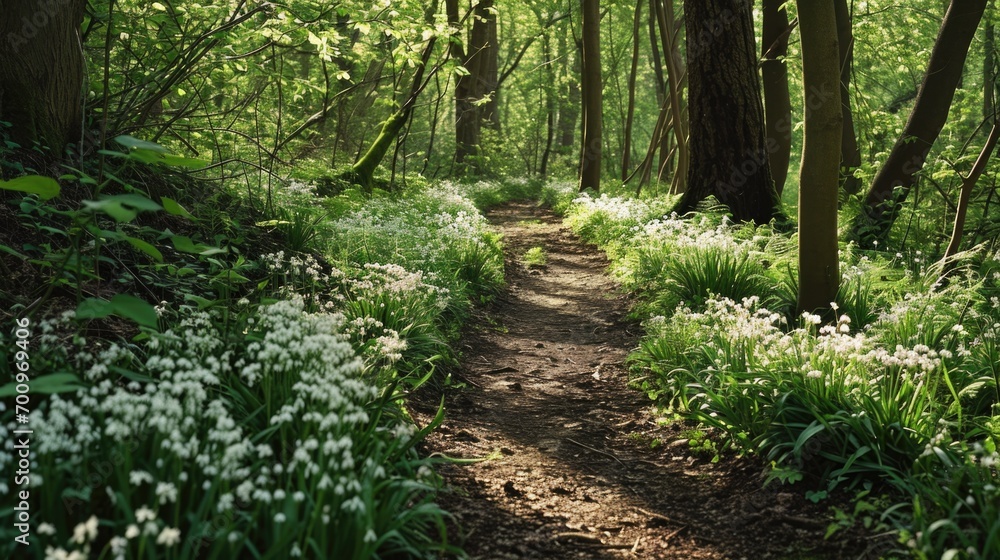 A scenic path through a forest adorned with beautiful white flowers. Perfect for nature lovers and outdoor enthusiasts A scenic path through a forest adorned with beautiful white flowers. Perfect for nature lovers and outdoor enthusiasts