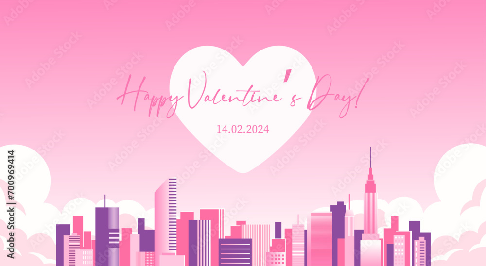 Valentine's Day Greeting Card, Heart and Cityscape, Pink Love Story Celebration Banner, Urban Romance Web Design.