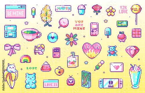 Pixel Art Y2K Love Geek Sticker Set. 8bit Cute Retro Game Elements - Sweets, Consoles, Gifts, Flowers, Animals, Desserts, Cupid, Valentine'd Day Stuff. Vector graphic for decorations, print patterns.	